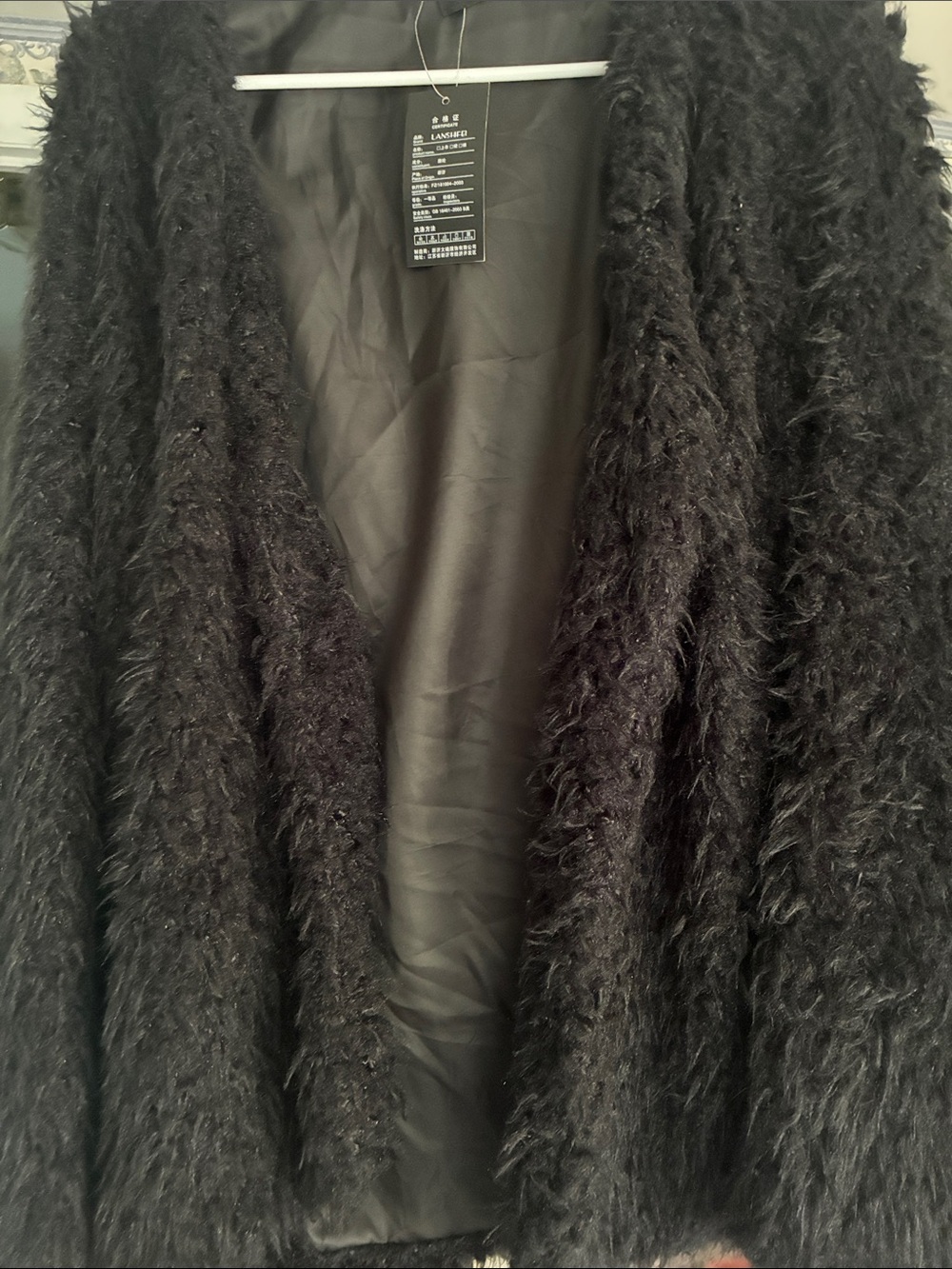 Lanshifei  Shaggy Black Faux Fur Open-Front Women's Coat NWT Hooks for Closure